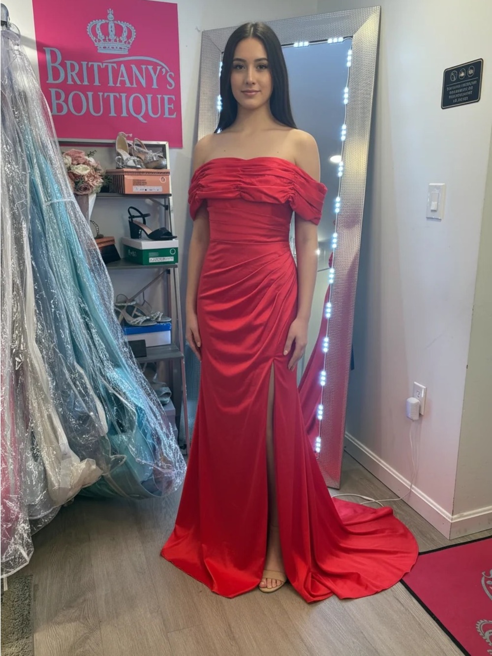 Off-Shoulder Red Prom Gown with Side Slit